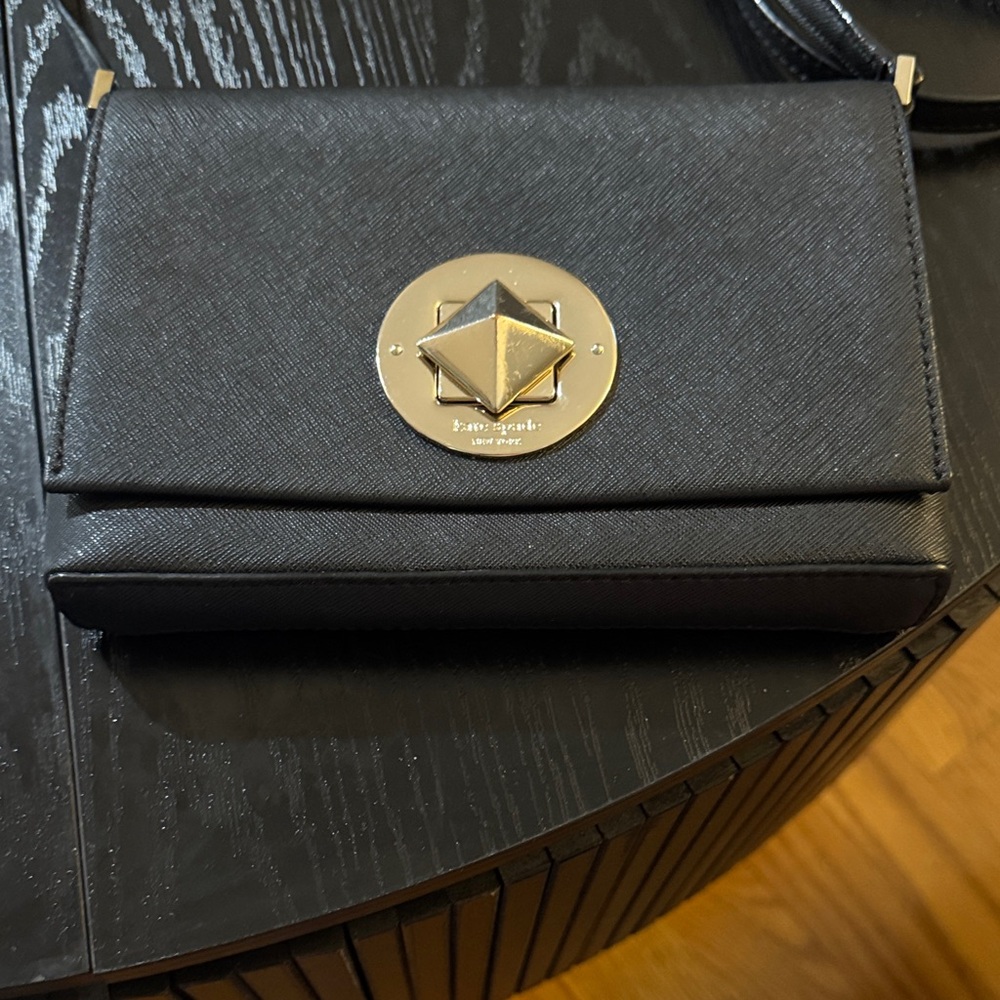 kate spade Black Saffiano Crossbody Clutch with Gold-Tone Medallion